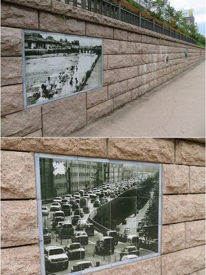 川沿いには様々なオブジェ、モニュメントや川の歴史を伝える掲示などがあり、これはかつての川の様子を伝える写真。上は洗濯、水遊びなどに川が使われていた頃の様子。下は渋滞が常態だった高速道路時代