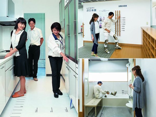 左)可動式のキッチンで実際のサイズを体感できる 右)生涯住宅ゾーンで、上がりかまちや浴室での動きを試すことができる(提供:積水ハウス)
