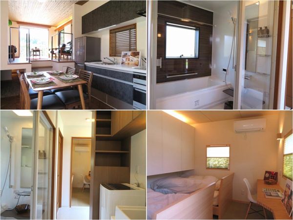 左上から時計回りにリビング、バスルーム、寝室、最後が廊下から水回り。足元上部に高さを半分にした収納を設えるなど細かい工夫もあり、使いやすそうな室内だ