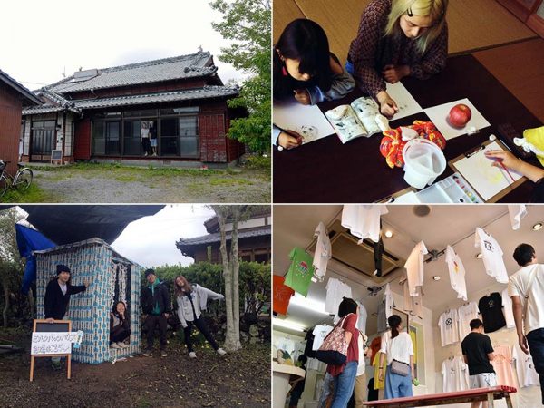 (左上)2018年11月まで「藝術と生活 itonami」の拠点だった福江島の民家(右上)絵画教室の様子。マンガをお手本にする子もいれば、水彩画に挑戦する子もいる(左下)完成したミルクパックハウスの前で記念写真(右下)「ビッシャアTシャツ展 in 五島」の様子。商店街の空き店舗に活気が戻った(左上以外写真提供:藝術と生活 itonami)