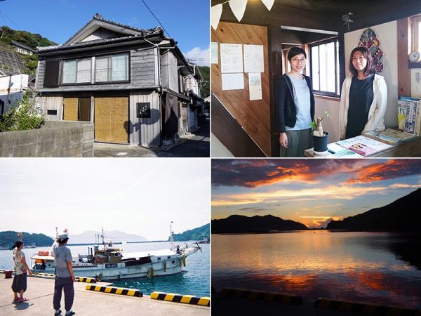 (左上)「ネドコロ ノラ」外観。築約90年の民家を4ヶ月かけてリノベした(右上)「ネドコロ ノラ」フロントにて、廣瀬愛さん(左)と牧山萌さん(左下)荒川の港(右下)荒川の海に沈む夕日(左上以外写真提供:ネドコロ ノラ)