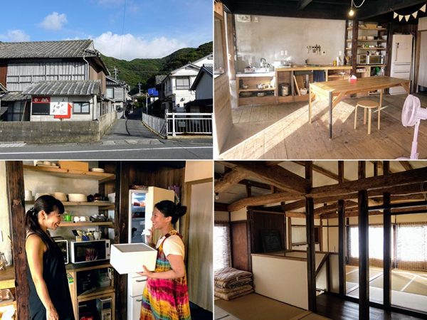 (左上)港からノラに続く道の入り口。左の建物に看板を付けさせてもらった(右上)1階の共用キッチンとリビングスペース。フロント、売店も同じ空間にある(左下)右が牧山さん。リノベの先輩、Uターン移住者の芳澤瞳さんに、いただきものの海産物をお裾分け(右下)ノラ2階の宿泊空間。木組みを表した畳の部屋が島の民家ならではの味わいを醸し出す