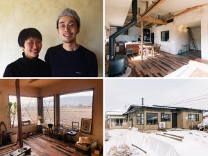 東野唯史さんと妻の華南子さん(左上)。デザイン性の高いインテリアからは築50年の中古物件であることがまったく感じられない(右上)。大きな窓の向こうには広い畑が広がる(左下)。真冬の諏訪市では最低気温がマイナス10℃を下回ることも(右下)。(写真提供:ReBuilding Center JAPAN)