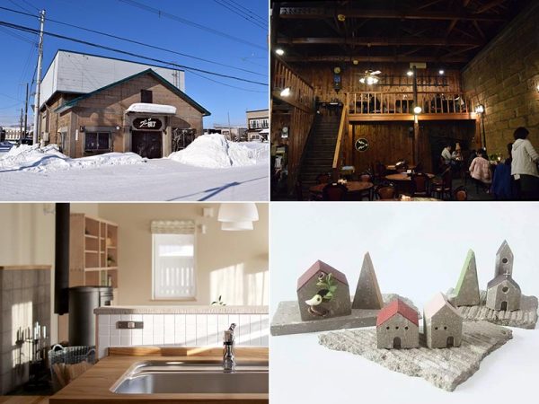上:プー横丁の外観と店内。オープン当初の店舗は取り壊しにより移転したが、移転後も札幌軟石の旧玉ねぎ倉庫をリノベーション。昭和37年築で軟石の建物の中では比較的新しい。<br>
左下:住宅の内装材としても使われる札幌軟石(提供:北の住まい設計社)<br>
右下:札幌軟石の吸水性を活かした「アロマストーン」かおるいえ。端材で作られている(提供:軟石や)