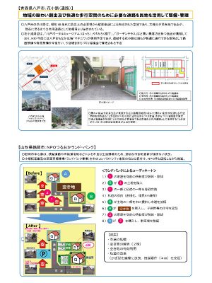 青森県八戸市、花小路の事例。私道だが公共性が高いことから、地域の地権者が協定を結び、通りを管理・維持することとなった(上)<br>山形県鶴岡市の事例。一軒一軒と交渉するよりも、先を見通した計画を立てることで、地権者・自治体ともに大きな効果を得られた(下)