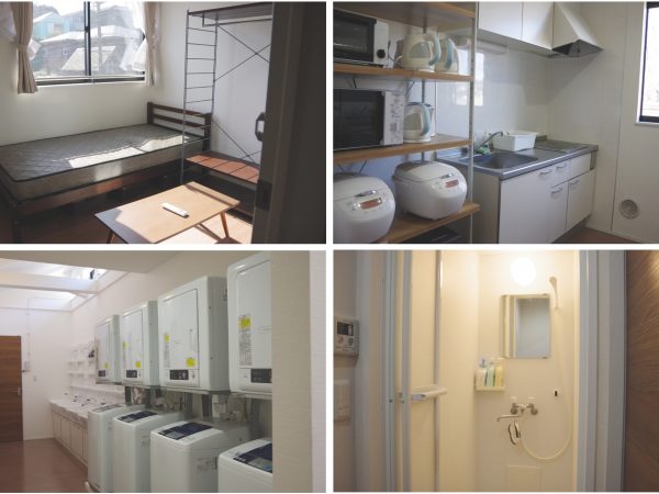 居室の間取りは同じだが、日当たりがよい南側が人気だという(左上)、キッチンには一通りの調理器具と食器がそろう(右上)、湯舟は無く、シャワーのみ。ゆっくり入浴するよりも、サッと済ませて練習に打ち込みたい人が多いようだ(右下)、<br>洗面所の隣には洗濯機・乾燥機が並ぶ(左下)