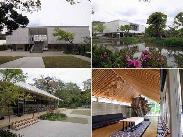 左上)特徴的だった県道側のかつての正面玄関</br>右上)池に面したピロティのあるシンプルな外観が特徴</br>左下)八幡宮の参道に面した広い敷地内には附属棟でカフェとショップも準備中</br>右下)附属棟建物内には、樹齢1000年と言われ2010年に倒伏した大銀杏の樹幹の一部を展示(写真撮影/長井純子)