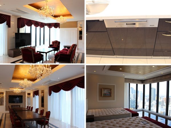 最上階となるスイートプレミアムの部屋。家具・家電付きで、家具はイタリア製や、国内の大手家具メーカー・カリモクのものを採用。<BR>左上/ LDKは42畳。大きな窓からは名古屋の街並みを一望。<BR>左下/28.3畳のパーティールーム。この部屋に通じる専用玄関もある。<BR>右上/キッチンは、グループ企業のナスラックの製品のほか、食器洗浄機、オーブンはドイツのプレミアム家電ブランド・ミーレのものを導入しているのも喜ばれているという。<BR>右下/16.4畳の主寝室