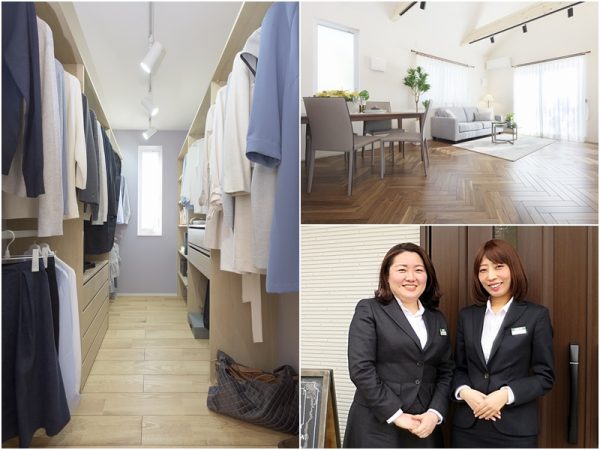 左上/外出時や帰宅時の着替えに活躍する「パワークローゼット」。洗面室と隣接しているので、畳んだ服などを手早くしまうことができる。個人的には備え付けのスラックスハンガーがとても便利そうだと思った 右上/延床面積30坪強ながらも、リビング上部を吹き抜けにするなどして空間の広がりを演出。リアルサイズで住み良い家を実現した 右下/お話をうかがった岡部あや子さん(左)と三枝果林さん。「ワークショップを繰り返し、意見を吸い上げながら商品化した住まいです。ぜひ一度ご見学ください」