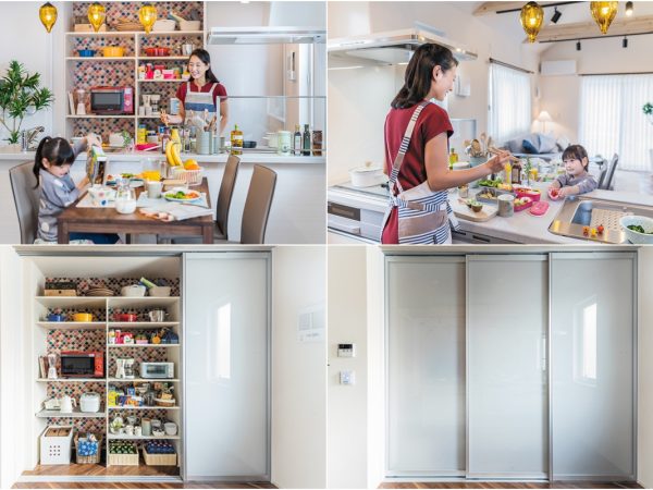 「パワーキッチン」と名付けられた、スムーズな「クッキング&お片付け」を実現するキッチン。キッチン家電のほか、食器類やストック食材なども効率的に収納できる。また、高低差まで考慮されているため、調理しながらでも振り向くだけで必要なものに手が届き、使いやすい。来客時は扉をスライドさせると、一瞬で収納を隠すことができる。頻繁に使うものは腰から目線までの高さに置くことや、家電の設置に便利な複数のコンセント、スライドするだけで空間をすっきりと美しくする扉などが特に参考にしたいポイント。収納内のクロスを個性的な柄にして遊ぶのも面白い