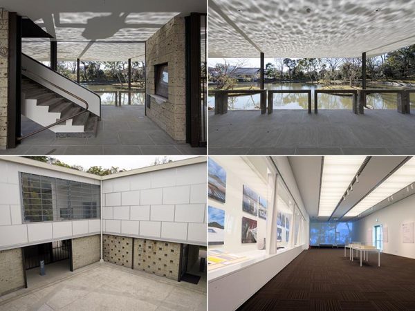建物は光と風を感じるオープンな造りが特徴。特にピロティ天井に映る池の波紋は美しく必見(写真上2点提供/鎌倉文華館)</br>中庭は建築当時のデザインを踏襲しつつバリアフリーに。明るい2階の展示室は、写真や映像で坂倉準三建築がかつての姿を取り戻すまでの改修工事について展示された</br>(写真下2点撮影/長井純子)