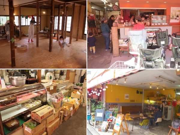 右上:眞嶋さんのスプンフル 左上:とをがギャラリー</br>
左下:昔からある惣菜店 右下:どこで買った物も食べられるラウンジ