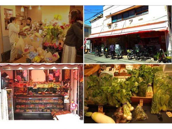 右上:丸田ストアー外観 左上:森さんの花屋さんと奥が鶴巻さんのコーヒー屋さん</br>
左下:もともとからの肉屋さん 右下:江頭さんの店の野菜は新鮮そのもの