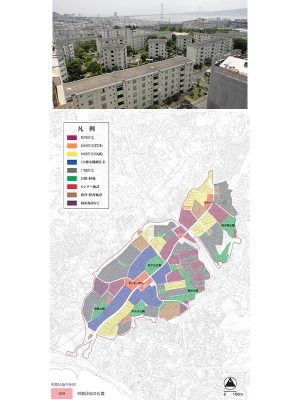 上/明舞団地から明石海峡大橋を望む。丘陵地にあるため坂が多いが、そのぶん眺望が楽しめる。下/団地内には県営住宅、公社住宅(賃貸・分譲)、UR都市機構住宅、一戸建て住宅と、さまざまな住宅がある。商店や教育・保育施設も点在している