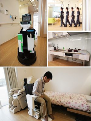 床のものを拾うなどさまざまな場面で生活をサポートする「生活支援ロボット」、可動式の吊り下げ装置によって不意の転倒を防止する「歩行支援ロボット」、座ったままトイレやベッドなどへの移動・移乗がラクにできる「移乗支援ロボット」などが導入されている