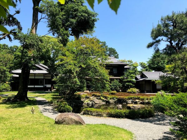 建物の南側に広がる庭。大小の樹木の間を縫うように園路が巡る。池にはつがいのカモが毎日のように遊びに来るそうだ