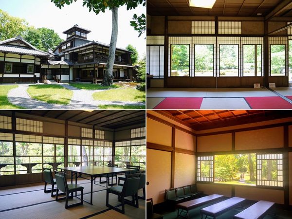 左上/庭側から見た外観。左の平屋が大正時代の玄関棟、右が明治時代の主屋 右上/主屋1階の座敷。障子は明治の建設時のものと見られ、ガラス越しの風景は微かにゆらいで見える。これほど大きなガラスは当時では希少だったはず 左下/主屋2階の座敷。こちらの障子は復元だが、やはり眺望重視で大きなガラス面が特徴 右下/玄関棟の広間。「長押の上に柱のない蟻壁(ありかべ)を回すのは、書院造りの特徴のひとつです。天井は正方形の格子を組んだ格天井(ごうてんじょう)」と石川さん。絨毯の色は古い切れ端を元に再現している