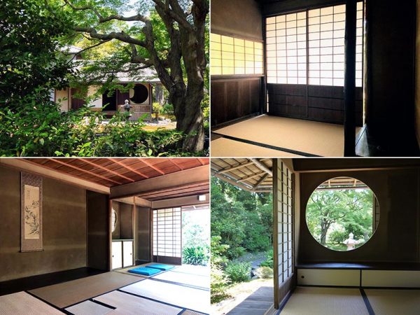 左上/庭から見た茶室 右上/一畳台目の茶室。左ににじり口、正面に貴人口、右に床の間がある 下2点/煎茶用と思われる広間。大きな床の間が特徴だ。次の間には梅鉢型窓と円窓がある。「どちらかというと中国風で、煎茶で好まれる意匠です」