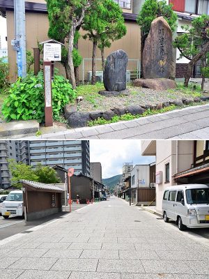 上/京阪京津線「上栄町」駅から琵琶湖方面へと向かった右手にある、江戸時代の諸大名の宿泊施設だった「大津宿本陣跡」 下/中心市街地を東西に通る京町通。ここが旧東海道である。石畳が敷かれ、美しく整備されている