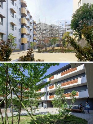 いずれもかつては無味乾燥な駐車場だったスペースを緑豊かな中庭にすることで建物全体を再生した事例。上は東急田園都市線鷺沼にあるグリーンバスケット、下はJR東海道線茅ヶ崎にあるたかすなビレッジ。後者は1階に店舗なども入っているため、ベンチを置いて入居者以外の人も入ってきていい空間になっている。敷地の境界線をぼかした例と言えよう