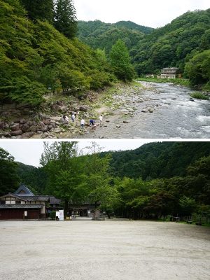 上/写真左側が香嵐渓で、木々の間に見える道を奥に進んでいくと三州足助屋敷がある。すぐそばを流れる巴川と共に、豊かな自然を楽しむことができる。下/足助屋敷の入り口前の広場。多くの人が訪れる紅葉シーズンには、ここにも飲食の屋台が並ぶ