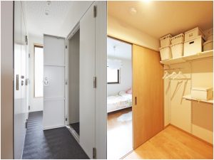 左/共用階段室に設けた外部ストレージ。アウトドア用品や車のタイヤなど、室内にしまいにくい物の収納に便利 </br>右/寝室とリビングの両方から出入りできる2wayウォークインクローゼット。動線も考えられた便利な大型収納