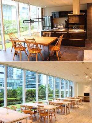 (上)ウェルカムリビング/ショールームの受付の近くに配された居心地の良い空間。(下)打ち合わせコーナー/館内のデザインコンセプトは「Natural Fusion~横浜の自然との調和~」。開放的な明るいスペースでゆったりと検討することができる