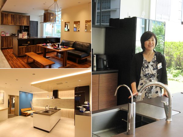 (右)「キッチンスタジオは実際に調理体験が可能です。最新のキッチンを体感していただけます」と所長の池田さん。 (左上・下)空間提案コーナー/「CENTRO」「STEDIA」「ラクエラ」などのクリナップのシステムキッチンシリーズを用いて、6つのカラーテイストを具現化した空間提案が並ぶ