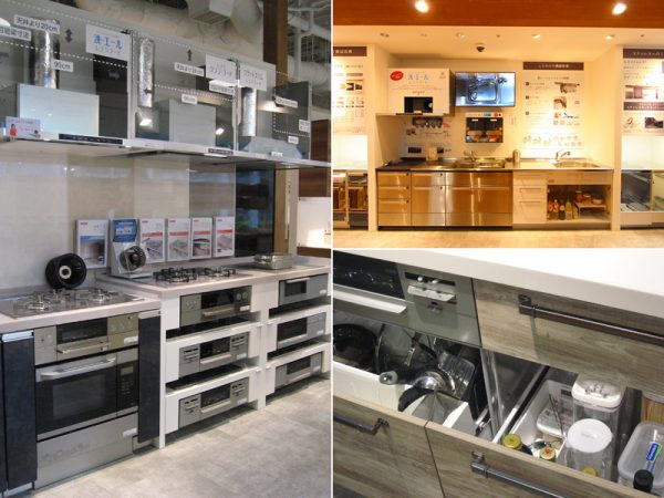 (右上)ソリューションコーナー/新旧比較やものづくりのこだわりを紹介。 (右下)具体的にさまざまなアイテムが収納されている収納キャビネットも。 (左)機器検索ギャラリー/換気扇の設置方法、コンロやIHクッキングヒーターの種類などを確認できる