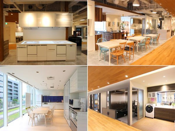 (右上)空間提案コーナー近くにある明るい雰囲気の打ち合わせコーナー。 (右下)クリナップで扱う、システムバス(6セット)や洗面化粧台(7セット)のコーナーもあるので、キッチンと合わせ水回りをトータルで検討できる。 (左上)キッチンシミュレーター/加熱機器(ガスコンロやIHクッキングヒーター)やシンクの位置、カウンタートップの奥行や作業スペースの広さなどを画像が映し出され表現されるので、わが家のプランを具体的に確認することが可能。吊戸棚のバリエーションなども設置され、細かく確認することができる。 (左下)キッチンスタジオ/ふたつの最新キッチンが設置されている