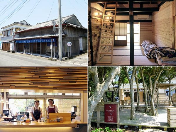 左上/石垣商店街の古民家再生第一号、築100年の古い商店を活用した地域交流拠点「塩や、」 右上/別の古民家はゲストハウスに改修 左下/「いせえび荘」内の「AB(えび)カフェ」。左がカフェを運営する西村貴子さん、右はスタッフでブロガーの福島花咲里さん。数ヶ月前に対岸の大隅半島から移住してきたばかり 右下/「ABカフェ」前の「みんなのデッキ」。カフェを利用しても利用しなくても休憩できる。Wi-Fiも使える