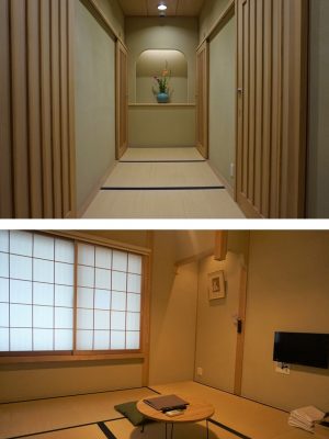 上:客室入口への廊下は、畳敷きになっていて、引戸をくぐって部屋に入る/下:6畳の客室には、丸いちゃぶ台やテレビ等、そして3点ユニットバスを揃え、現代的要素で快適性を担保