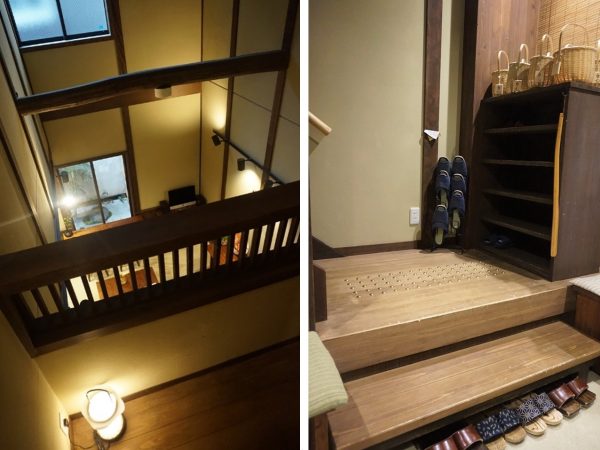 左:ロビーは吹き抜けになっている。昭和初期の町家は1階にかまどがあり、その熱を上に逃がすためこのようなつくりになっていたが、現代では防火ガラスになっている/右:1階のたたき土間から居室へと向かう小上がり。外出時に使える下駄が並んでいる。棚には向かいの銭湯に行くのに使う竹かごが並ぶ