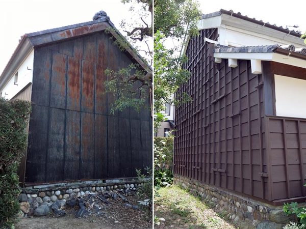 <写真左>再生工事の際、崩れかけた土壁を剥がした先に見えてきたトタンの壁。<br>「いつの時代かわかりませんが修復した際にトタンで覆われたみたいですね。これがあったおかげで内部の傷みは最小限に抑えられここまで保ってきたのだと思います」(鈴木さん)<br><写真右>トタンも剥がし、今回の再生工事で新たに壁をおこして蘇った東の壁