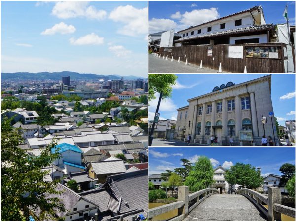▲写真右上は倉敷美観地区の中で最も古い建物、享保年間の1700年代に建てられた「井上家住宅」。現在は10年間かけて実施している保存修理工事の真っ只中だ。「実は井上家住宅はこれまで正徳年間の建物と伝えられてきたのですが、今回の工事で2階部分から当時の大工さんが落書きしたと思われる墨書きが発見され、享保年間のものと判明したんです。こういう新発見があるのも面白いですね。井上家住宅の工事は令和4年の完了を目指しています」と大熊さん。ちなみに、大熊さんオススメの絶景ポイントは、阿智神社の境内とのこと。「境内の休憩所から美観地区の町並みを一望できます。ここから眺める甍の波がとてもキレイなんです」(写真左)