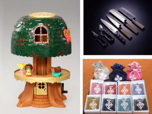 左がタカラトミーとコラボをした『津軽塗 こえだちゃんの木のおうち』(C) TOMY / designed by Suzuka Yoshida. 。木のかさやキャラクターの頭の部分などに津軽塗が使われている。右上が「津軽打刃物」の工芸品。地域おこし協力隊の制度をつかった技術継承なども行われている。右下は「津軽こぎん刺し」だ(右上、右下の写真提供:弘前市)