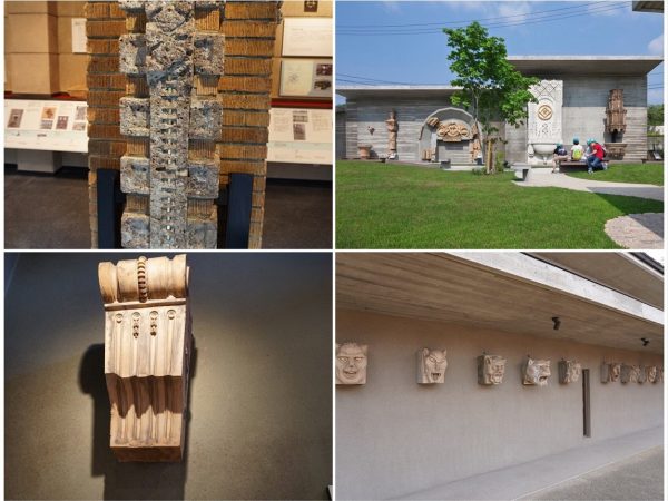 左上/帝国ホテル旧本館のダイニングルームの柱。使われた黄色い煉瓦は常滑で作られたもので、INAXの創業者が関わった。左下/1909(明治42)年に竣工した京都府立図書館にあった、常滑の陶工・久田吉之助が手がけたテラコッタ。「やきものなので、焼くと変形が出ることもありますが、焼き上がった状態できれいな直線が出ていたり、表面がとてもなめらかに仕上がっていたりと、久田の技術の高さが表れています」と竹内さんは語る。帝国ホテルに使われた黄色い煉瓦は、常滑のある知多半島の内海という地域でとれる土を使い、久田が研究を重ねた技術も欠かせない要素だった。右上/テラコッタパーク。白いテラコッタは横浜松坂屋本館に飾られていたもので、伊奈製陶が手がけた(写真提供:INAXライブミュージアム)。右下/東京の大阪ビル一号館にあった、建築家・村野藤吾がデザインを手がけた鬼面のテラコッタ。同じ場所に建てられた日比谷ダイビルにも同じテラコッタが飾られている