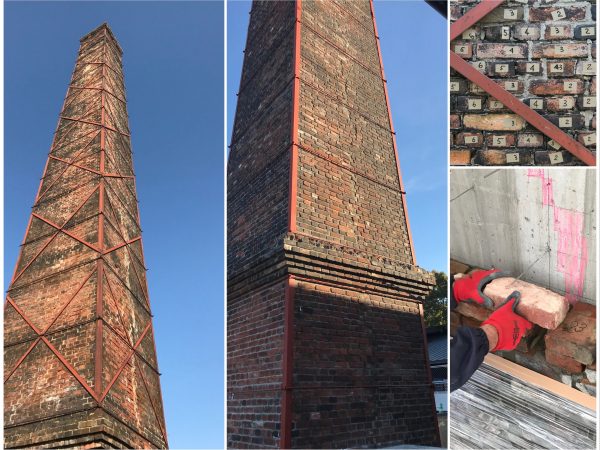 左/解体前の目地開きの様子。もともとあった煙突周りのコーナー保護アングルに、1993(平成5)年にブレース(筋交い)で耐震補強された。中央/保全工事後の目地開き。右上/解体前に一つ一つの煉瓦に番号を付け、位置を記録。すべてケレン処理(きれいにすること)も行った。右下/今回の煙突の保全工事では、鉄筋コンクリートの構築に、印をつけて目地開きを再現(すべて写真提供:INAXライブミュージアム)