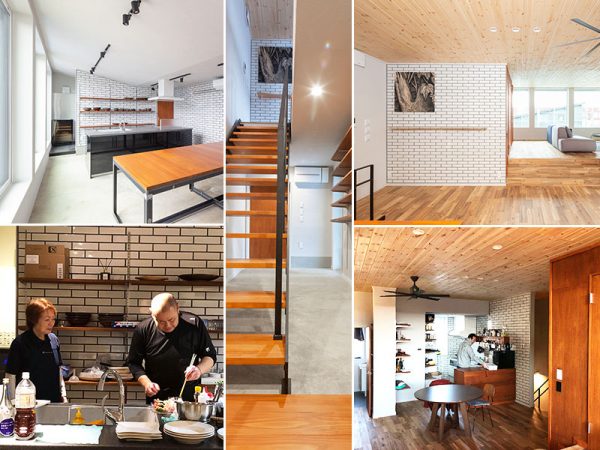 左上)1階の土間部分にあるオープンキッチン</br>
左下)1階のオープンキッチンでは料理人を呼んでパーティをすることもあるという</br>
中央)土間から2階に上がるアイアンの手摺の階段</br>
右上)2階の空間。ステップフロア上はリビングスペース。内装もフローリング材やタイルの目地の太さにまでこだわった</br>
右下)2階のプライベートキッチンとダイニング
