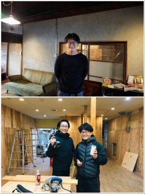 上/「ゲストハウスますきち」オーナーの南慎太郎さん。ゲストハウスの運営は、これまで基本1人で行ってきたが、2020年4月からはPRチームや粘土店の女性スタッフ2人に週1回ずつゲストハウスにも入ってもらうように。「女性目線でも見てもらって、変化を加えていこうと思っているところです」とのこと。下/南さんと新しい事業を始める窯業原料会社・5代目の牧幸祐さん(左)