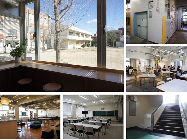 1階はフリー席の「コワーキングスペース」、2.3階には、固定席の「シェアオフィス」と、小学校の教室らしさを生かした個室の「プライベートオフィス」を擁するなごのキャンパス</br>旧給食室を活用したカフェ「yoake」(右上写真2枚)には、給食運搬用エレベーターも残っていて懐かしさが漂う。あんこのせ放題の小倉トーストが人気のモーニングやランチ、近隣の円頓寺商店街のメニューを集めた那古野弁当も好評。夜は多国籍バルになる“まちの給食室”だ