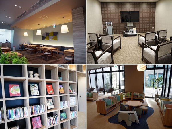 左上/サンカルナ香椎照葉の共有スペースにあるレストラン。和食を中心としたメニューが提供されており、カウンター席からはアイランドシティ中央公園が眺められると好評だという<br>
右上/防音も施されたAVルーム<br>
左下/ライブラリーの壁面には本が並ぶ。今後、入居者や一般の方向けの展示スペースとしての利用も検討しているそうだ<br>
右下/子ども向けの絵本も