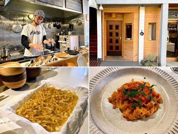 左上/カウンターキッチンに立つ中村真紀彦さん。食器やカトラリーはすべて糸島の作家の作品で、客が好きなものを選んで使える 右上/diretta外観。木のナチュラルな質感を生かしている 左下/純手打ちのタリアテッレ 右下/近隣の農園でつくっているサンマルツァーノ種のトマトと、塩とオイルだけでつくったソースを絡めた一皿。トマトとパスタの味わいが引き立つ