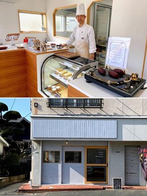 上/「ANALOG CRAFT CHOCOLATE」オーナーシェフの永冨憲治さん。写真右のターンテーブルの上に、ベトナムのカカオ豆をディスプレイしている 下/通りから見た店舗