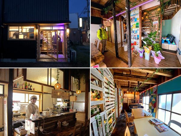 左上/一軒家を改装した「RunTime Itoshima(ランタイム糸島)」。野北さんもDIYに参加したそうだ 右上/ランタイム1階 左下/「トライアル糸島」のキッチンに立つ「糸島たいやき こんあんこ」の古川洋子さん 右下/ランタイム1階奥のスペース。宴会やイベント会場にも使える(左上の写真提供:前原宿ことのは)