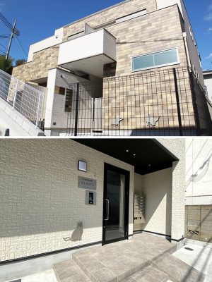 上/ファミリー向け「ワコーレヴィアーノ高丸 猫の家」の外観は、三毛猫をイメージした色使い。下/単身世帯向け「ワコーレヴィアーノ垂水城が山 猫の家」。ともに猫のシルエットの間接照明が設置されている