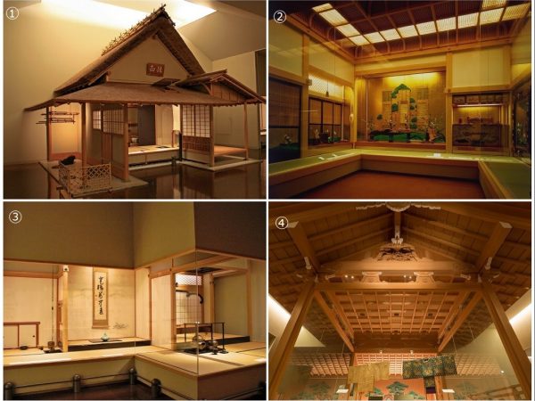 ①第2展示室にある猿面茶室<br>②第3展示室にある、名古屋城二之丸御殿にあった広間・上段の間。大名の書院の設えを見ることができる<br>③第3展示室にある、鎖の間<br>④第4展示室の表能舞台(すべて写真提供:徳川美術館)