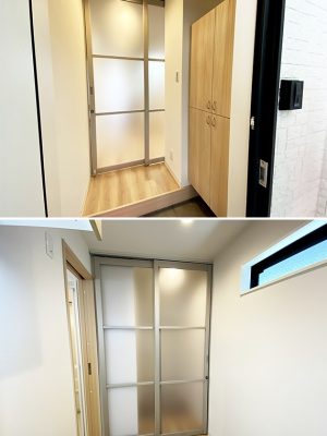 単身世帯向けの脱走防止用内扉。写真下はキッチン側から見た写真。スライド式&すりガラスで、飼い主にとって圧迫感がないようにした。居室とキッチンの間の猫口のロックとこの内扉で、ダブルで脱走を防ぐ