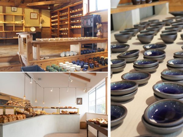 ギャラリーを兼ねた器販売ショップ「くらしの陶・無自性館」には、隣の工房で生まれた作品が美しく並ぶ(左上・右)。敷地内には、出西窯の焼物を食器に使うベーカリーショップ「ル コションドール出西」(左下)