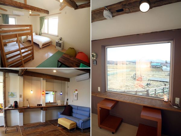 ベッドが複数置かれ、個室として使える客室(左上)、リビング(左下)、山を見渡せるサンルーム(右)